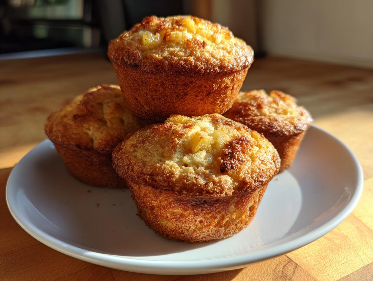 Four golden brown greek yogurt apple muffins stacked loosely on a small white plate, catching the sunlight.