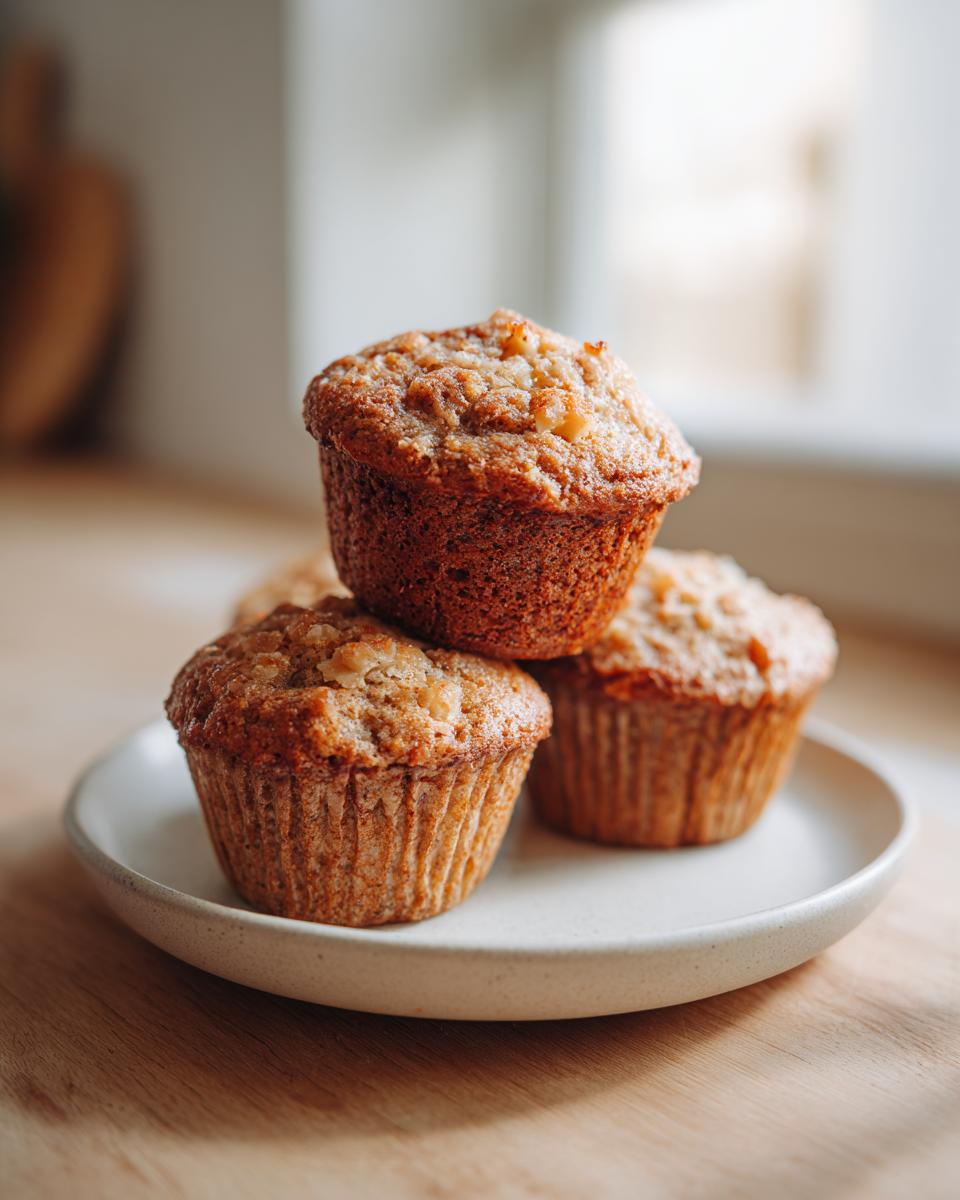 Three golden brown greek yogurt apple muffins stacked on a small ceramic plate on a wooden surface.