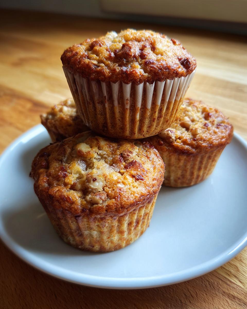 A stack of four golden brown greek yogurt apple muffins with visible nuts on a light blue plate.