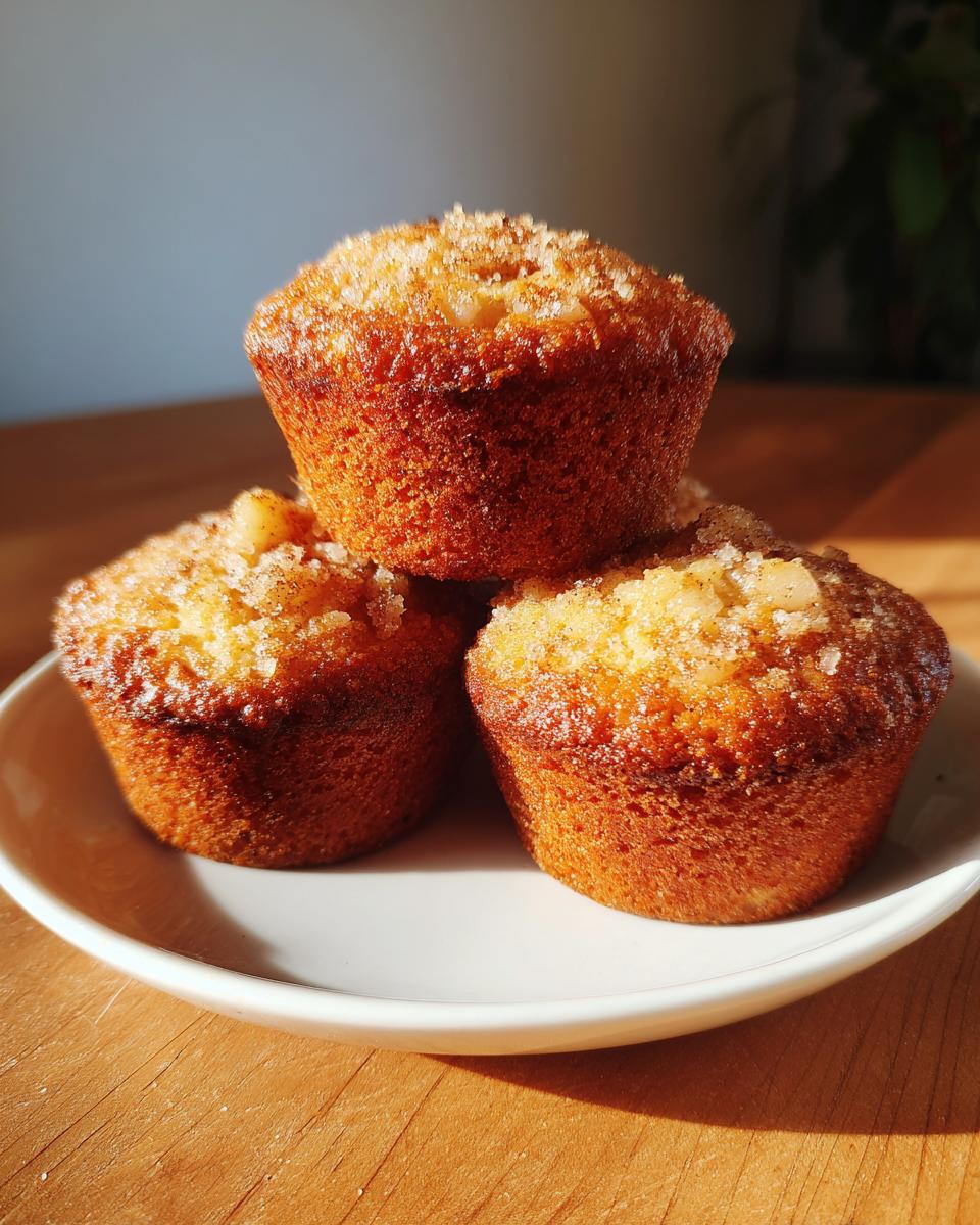 Three golden brown greek yogurt apple muffins stacked on a small white plate, topped with coarse sugar.