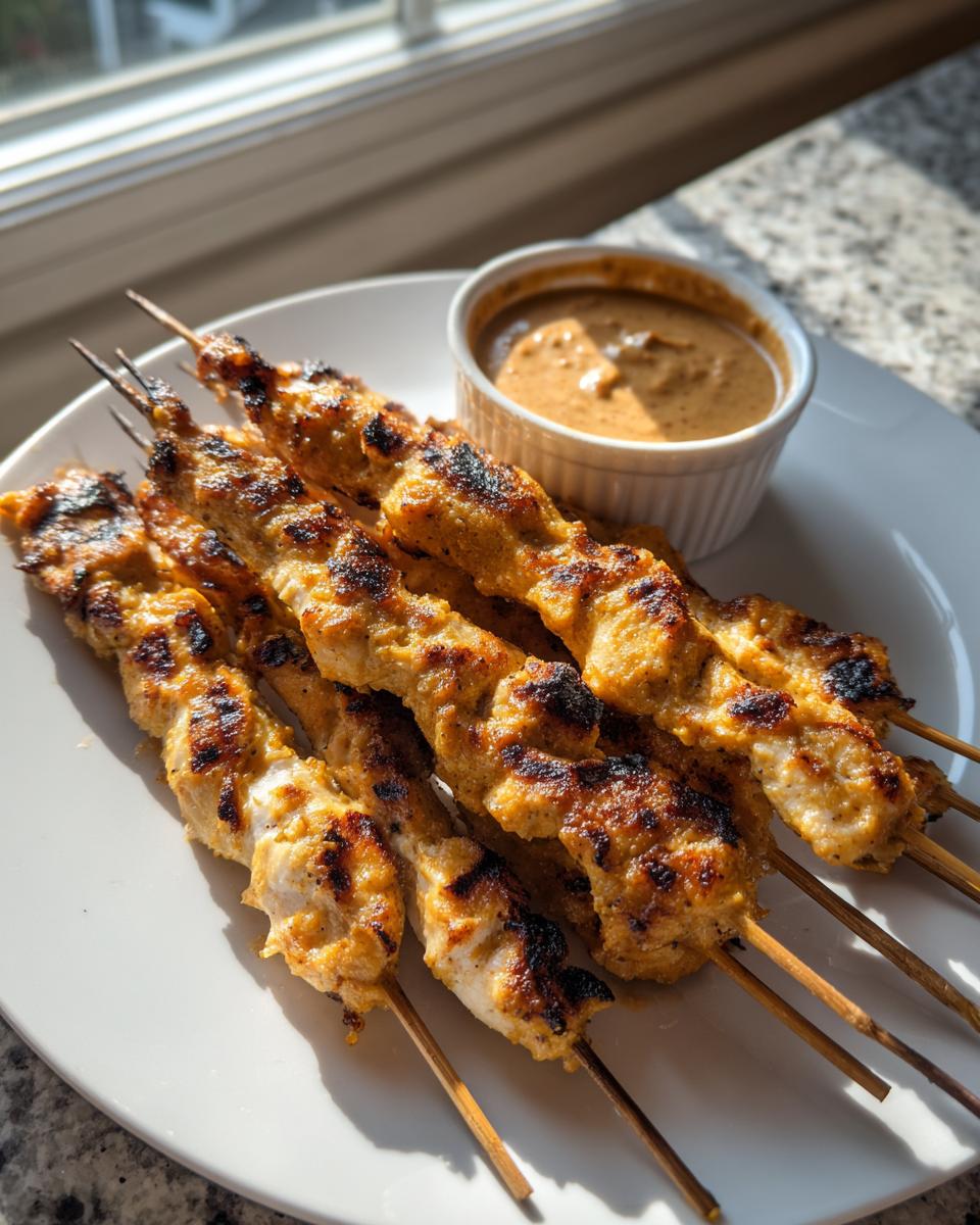 Five beautifully grilled chicken satay skewers resting on a white plate next to a small bowl of peanut dipping sauce.