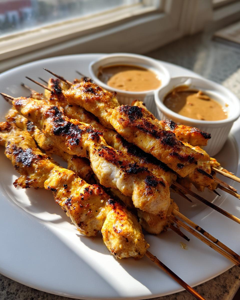 A plate of perfectly grilled chicken satay skewers served with two small bowls of peanut dipping sauce.