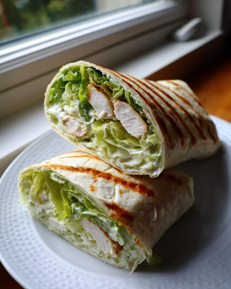 Two halves of a grilled chicken wraps, revealing sliced chicken, crisp lettuce, and creamy dressing inside.