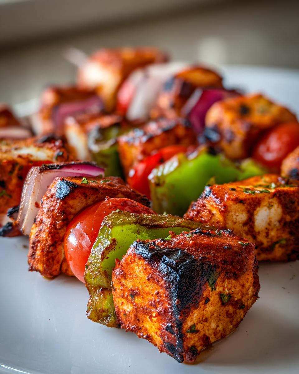 Close-up of grilled, marinated vegetable and paneer skewers, similar to chicken kebabs, showing char marks.