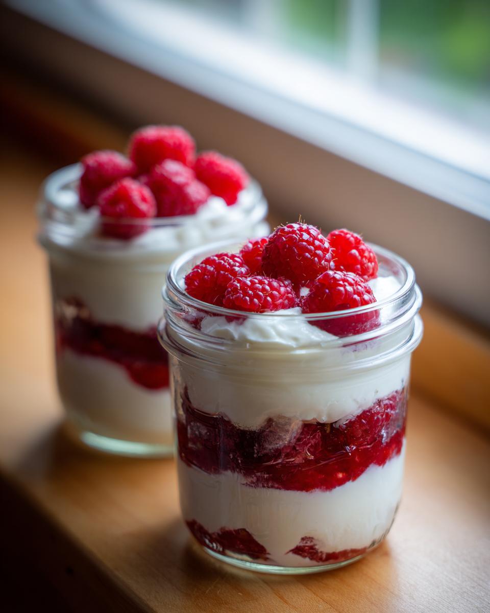 Two jars of layered cottage cheese dessert topped with fresh raspberries, showcasing a high-protein cottage cheese dessert.