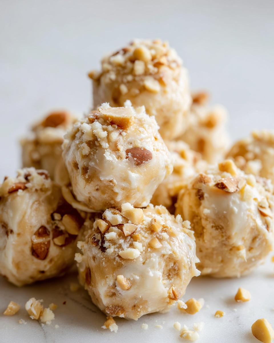Close-up of a stack of high protein frozen peanut butter greek yogurt bites topped with chopped peanuts.