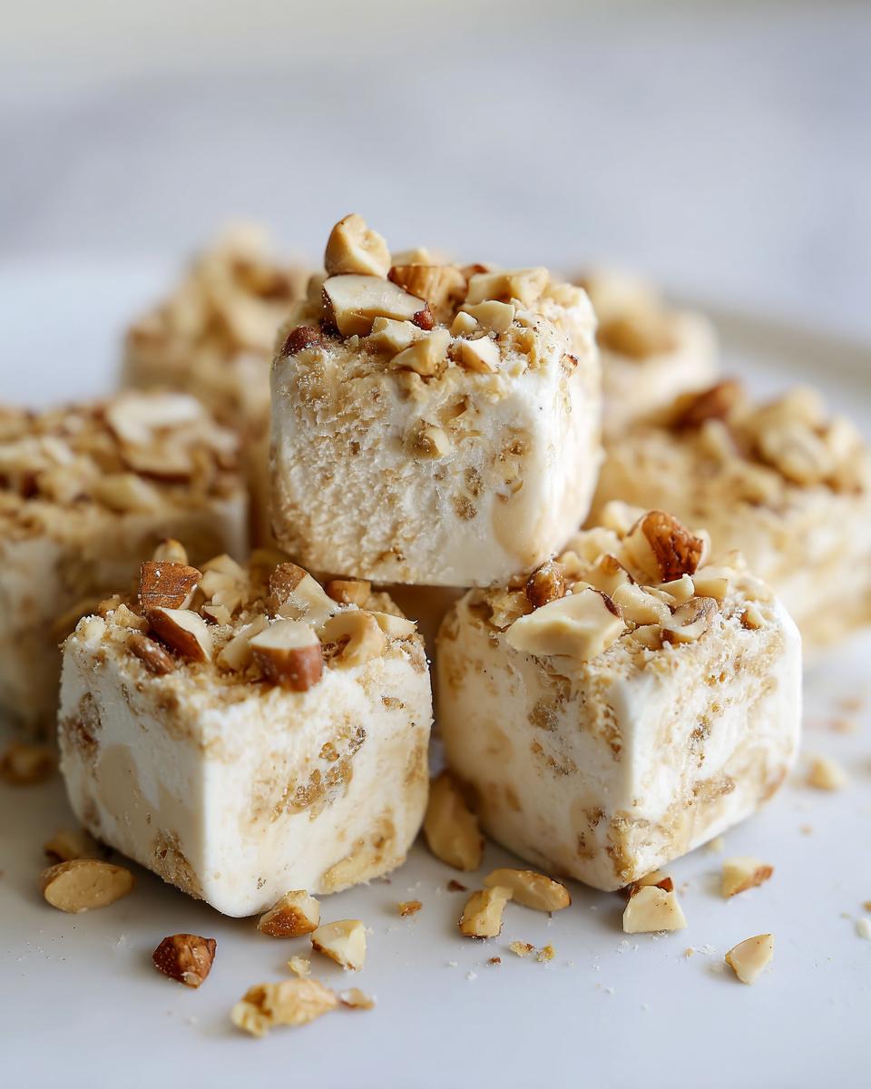 Close-up of several high protein frozen peanut butter greek yogurt bites stacked, topped with chopped peanuts.