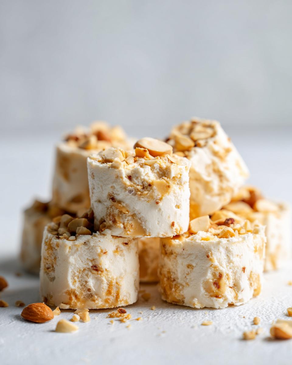 A stack of creamy, frozen high protein frozen peanut butter greek yogurt bites topped with chopped nuts.
