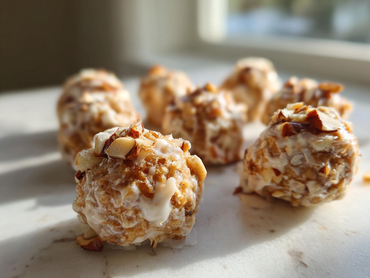 Close-up of several high protein frozen peanut butter greek yogurt bites topped with sliced almonds.