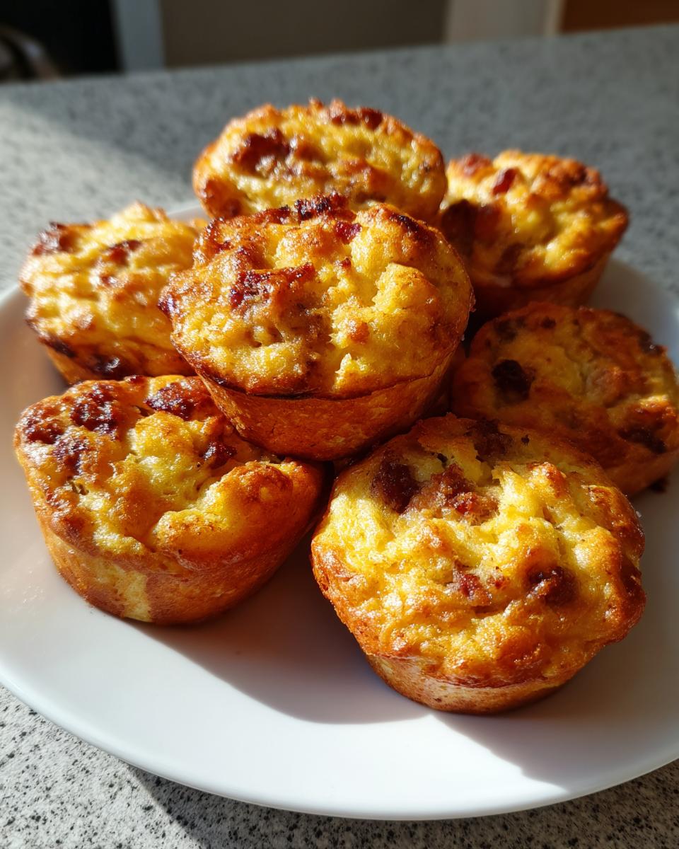 A close-up of several golden-brown high-protein pancake sausage mini muffins stacked on a white plate.