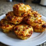 A stack of golden-brown, savory high-protein pancake sausage mini muffins piled on a white plate.