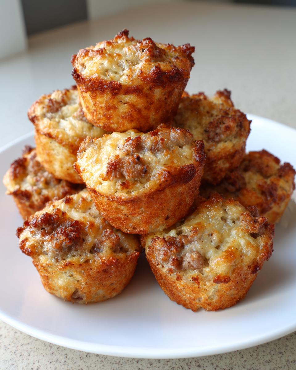 A stack of golden-brown, savory high-protein pancake sausage mini muffins on a white plate.