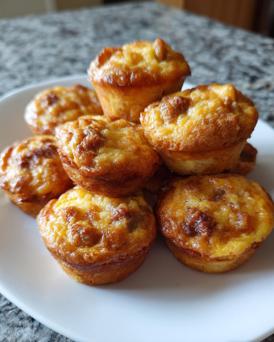 A stack of golden brown high-protein pancake sausage mini muffins served on a white plate.