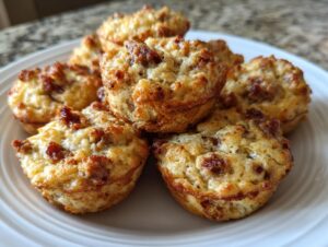 A stack of golden-brown high-protein pancake sausage mini muffins piled on a white plate.