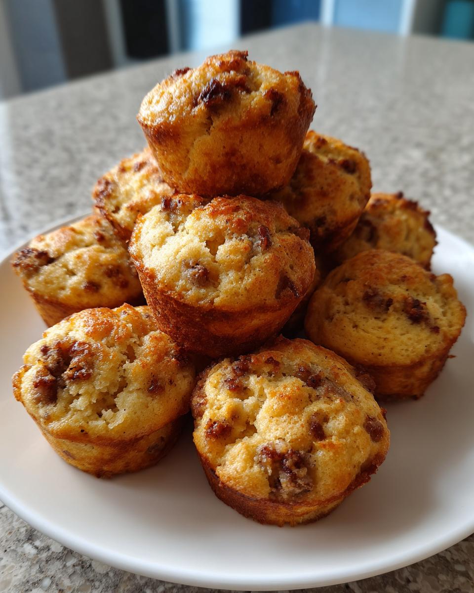 A stack of golden brown high-protein pancake sausage mini muffins piled on a white plate.