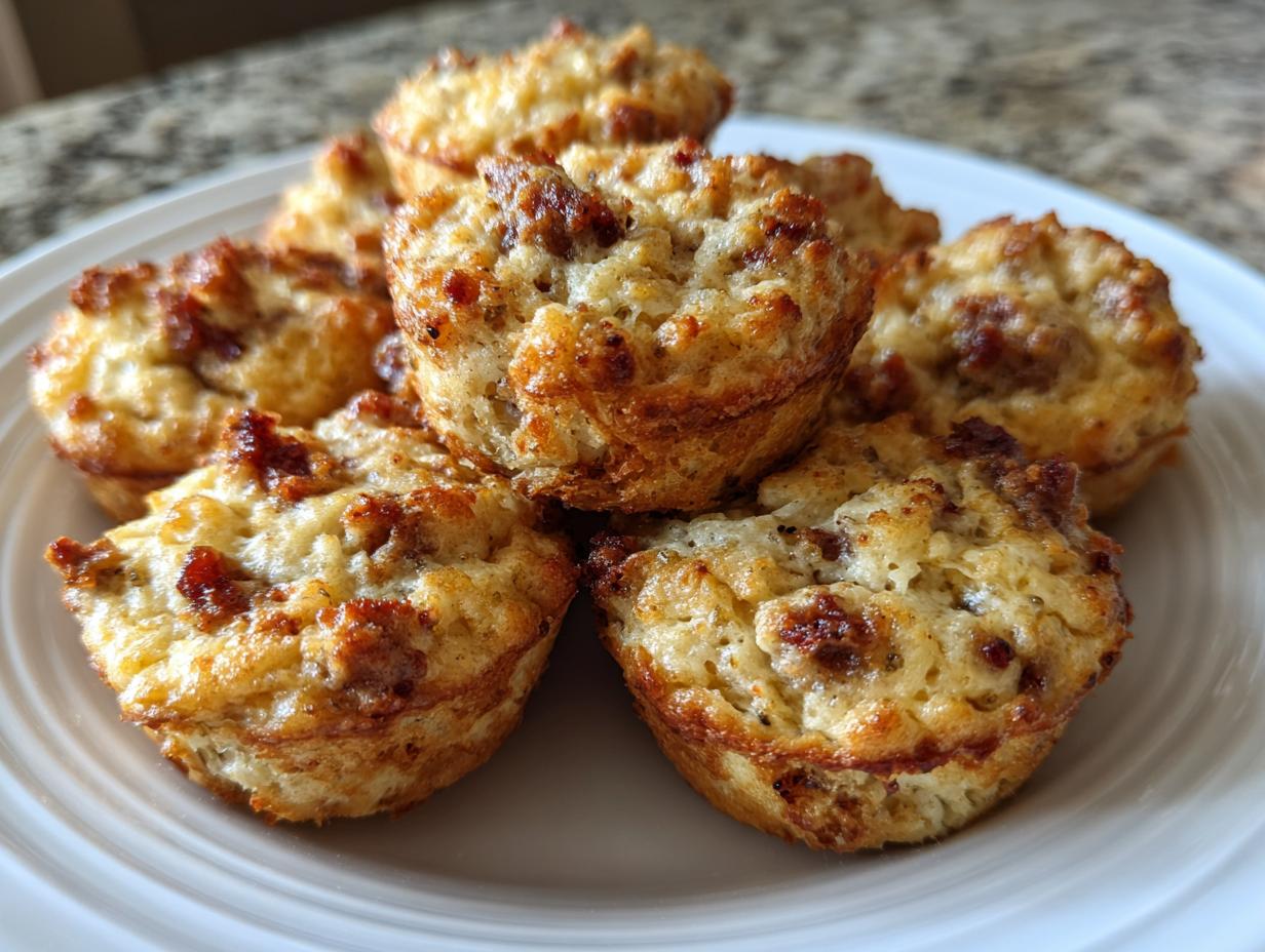 A stack of golden-brown high-protein pancake sausage mini muffins piled on a white plate.
