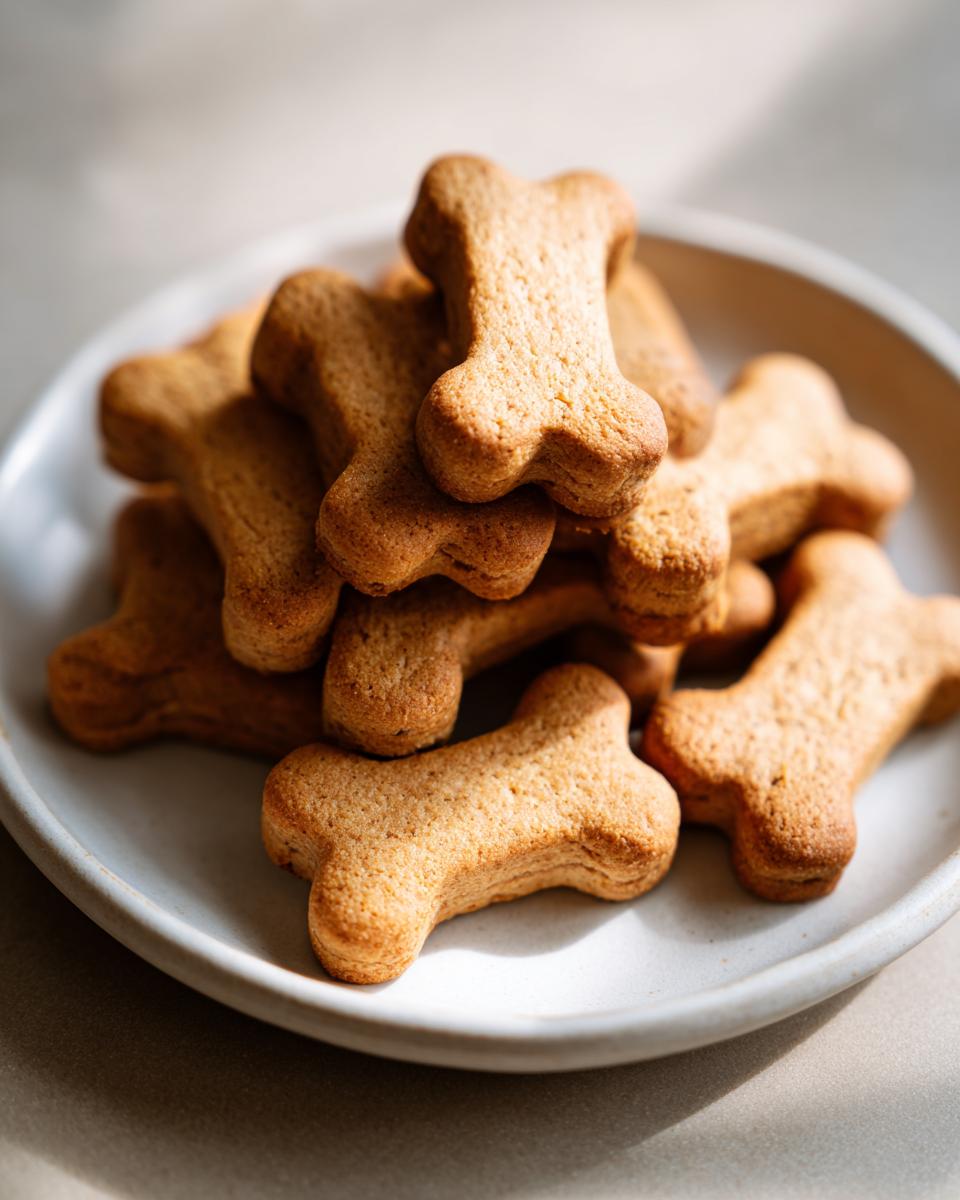 A close-up of a stack of golden brown, bone-shaped dog cookies resting on a light ceramic plate.
