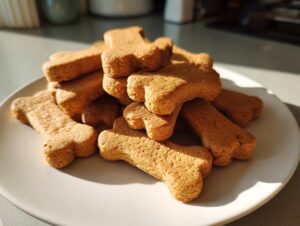 A close-up of a stack of freshly baked, bone-shaped dog cookies resting on a white plate.