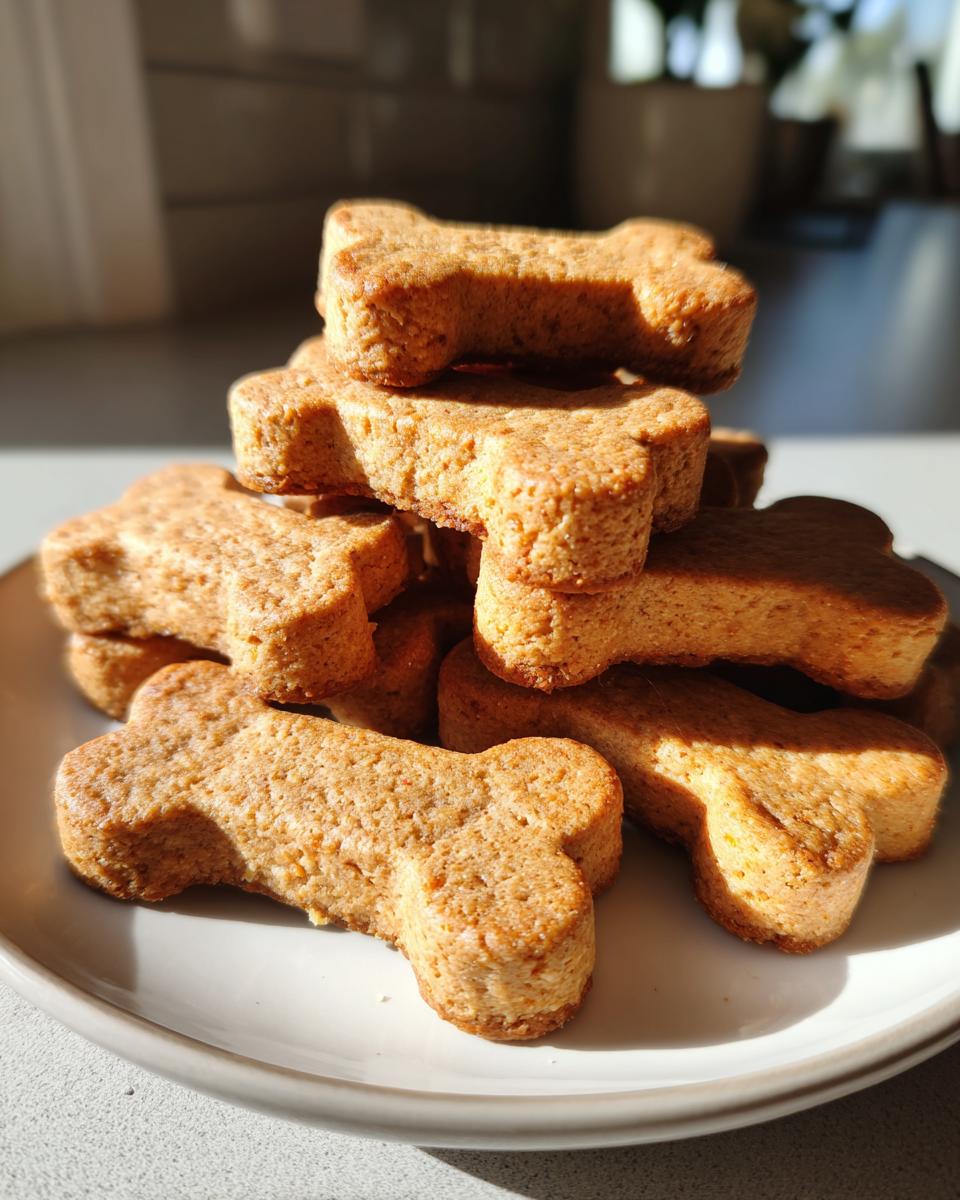 A tall stack of freshly baked, bone-shaped dog cookies resting on a light-colored plate.