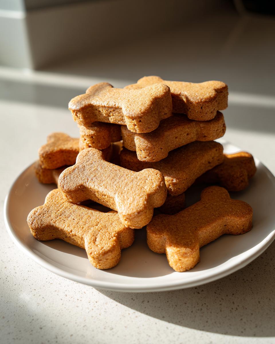 A stack of freshly baked, bone-shaped dog cookies piled on a light gray plate, highlighted by strong sunlight.