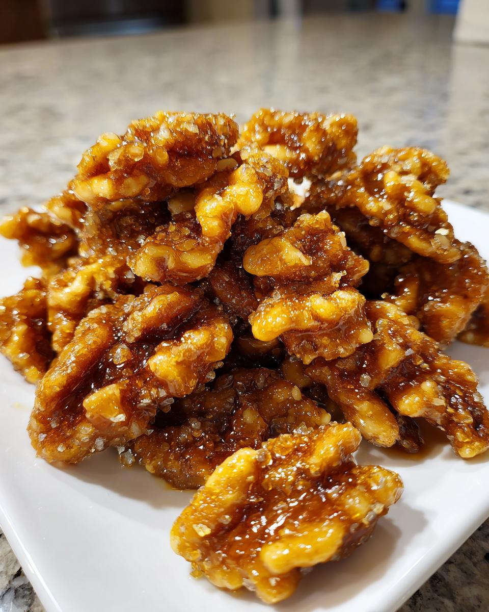 A close-up of a pile of glistening, homemade candied walnuts coated in a thick, sugary glaze.
