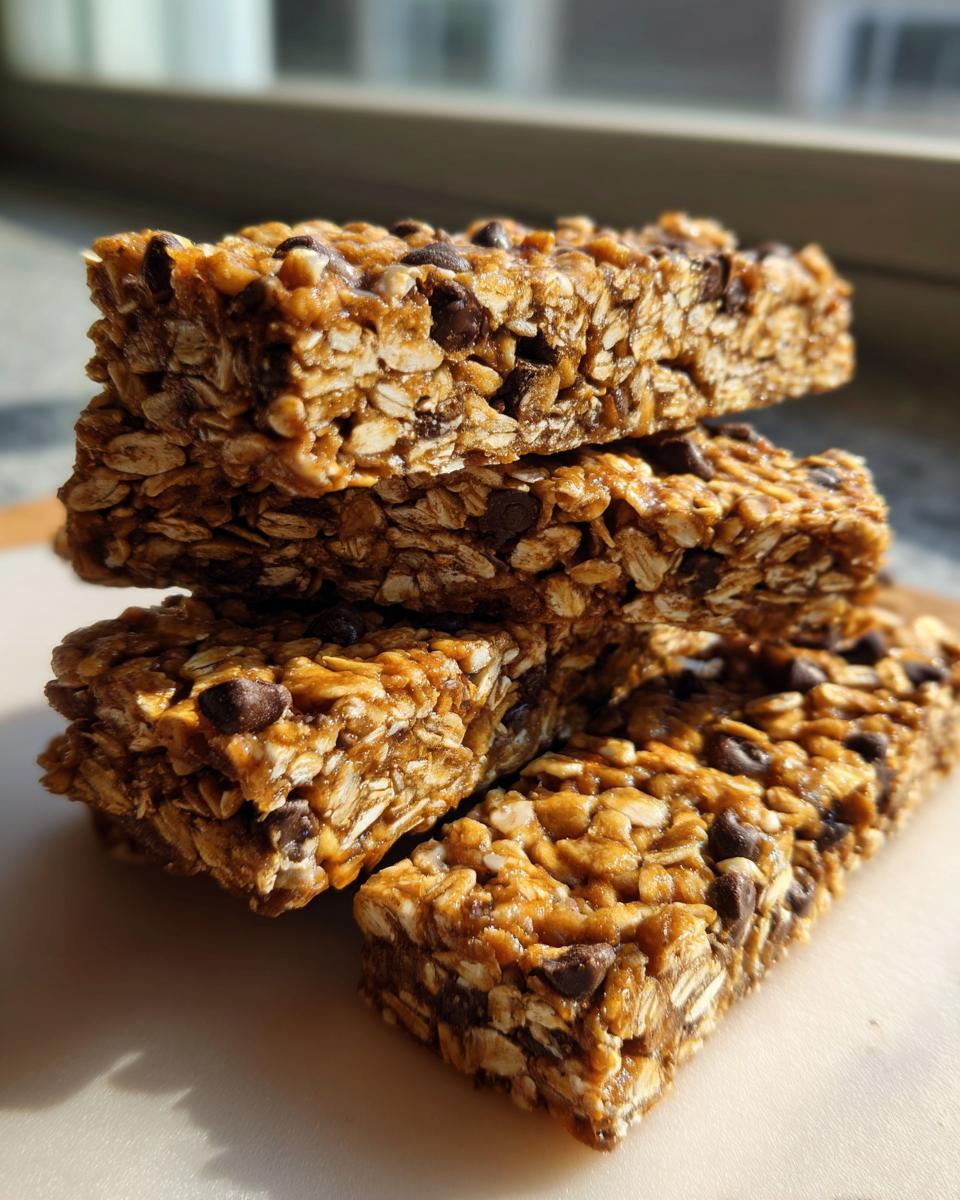 A stack of four homemade, chewy chocolate chip protein bars made with oats, sitting on a light surface.