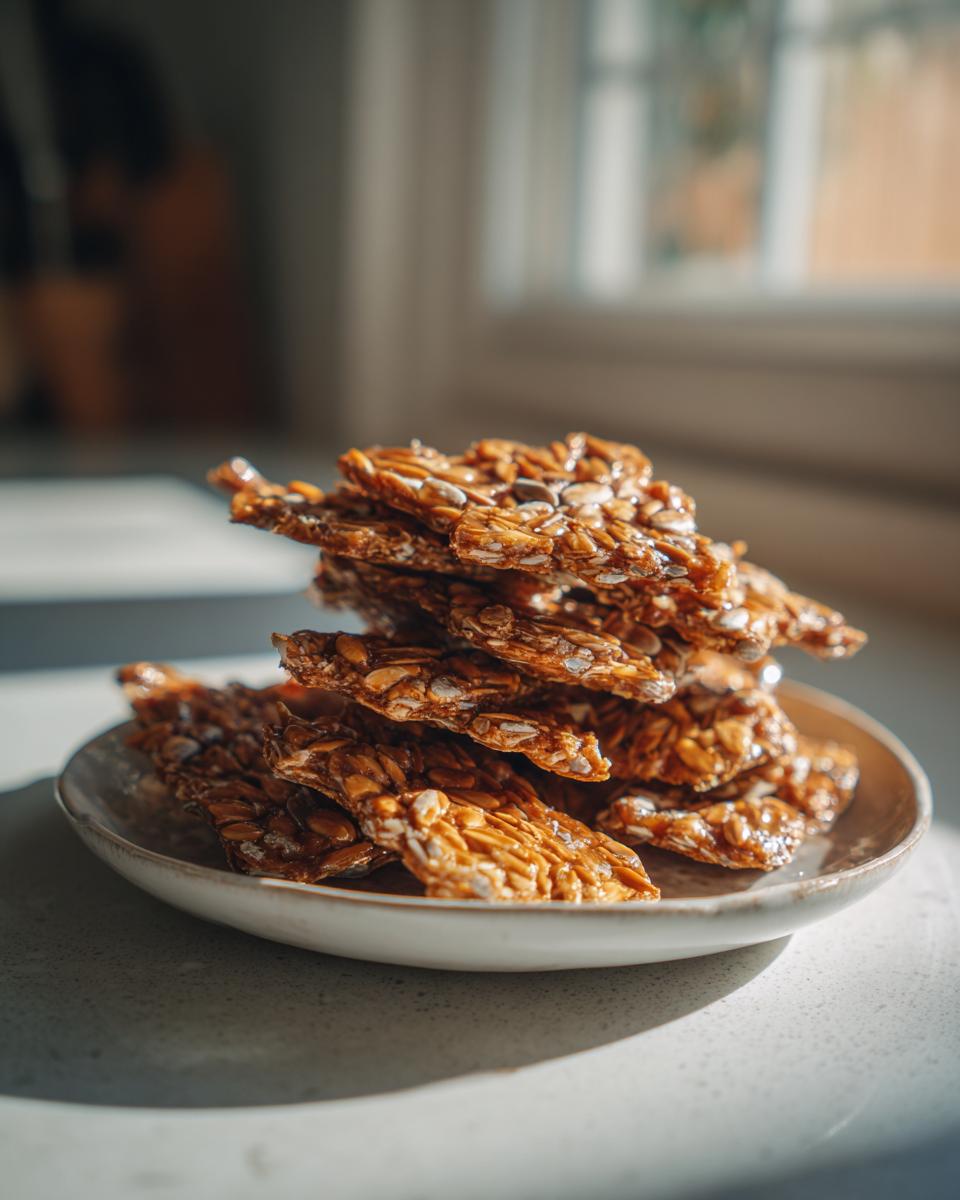 A stack of shiny, caramelized pieces of homemade seed brittle resting on a small, light-colored plate.