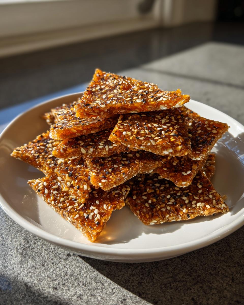 A stack of golden brown, glossy seed brittle pieces, mixed with white and black sesame seeds, piled on a white plate.