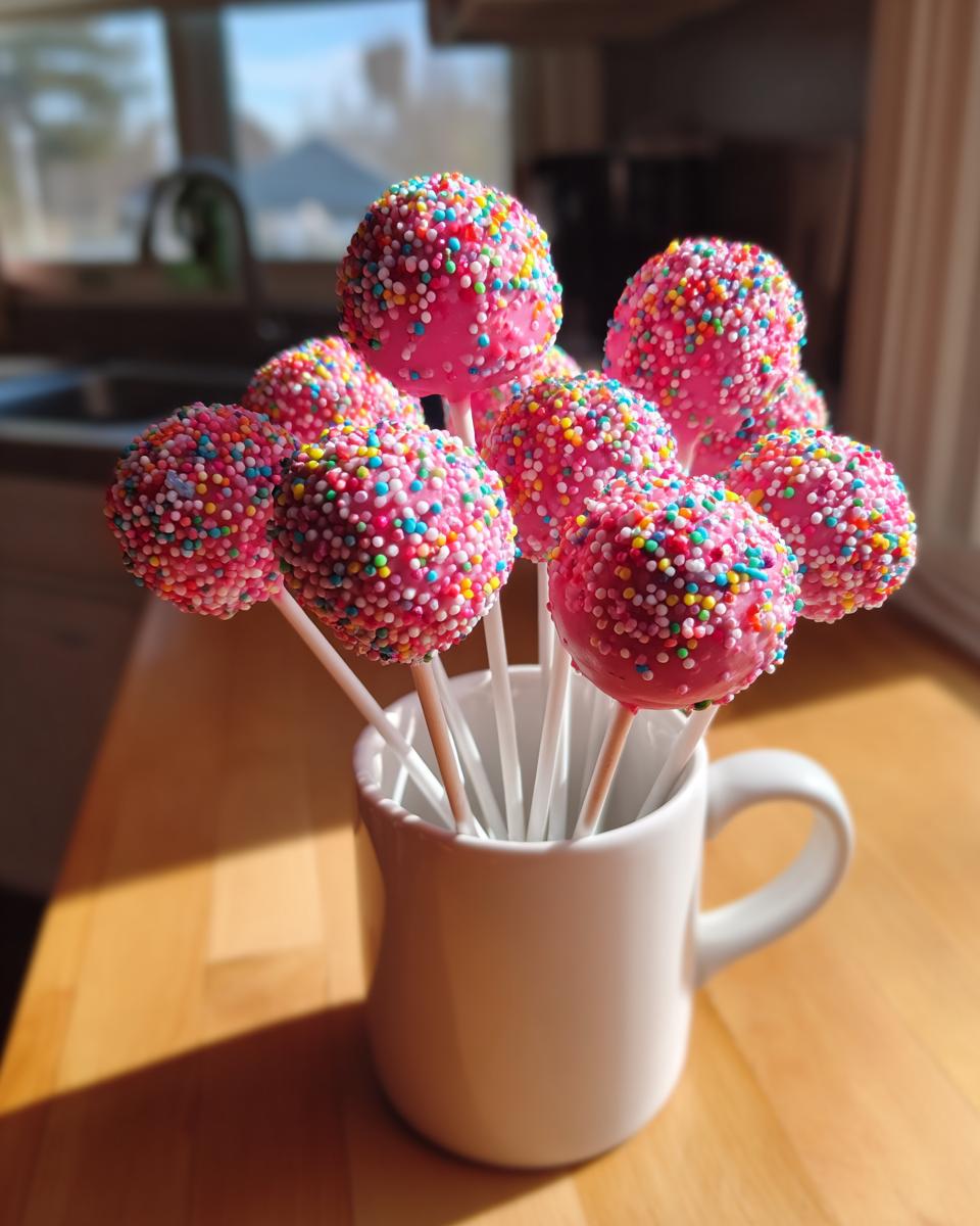A bouquet of homemade starbucks cake pop treats, coated in pink frosting and rainbow sprinkles, displayed in a white mug.