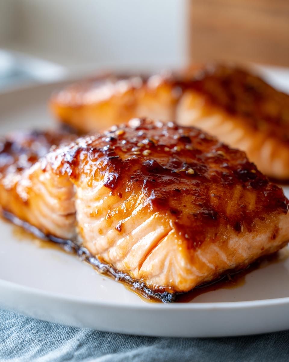 Close-up of a perfectly cooked salmon fillet topped with a thick, shiny hot honey glazed salmon sauce.