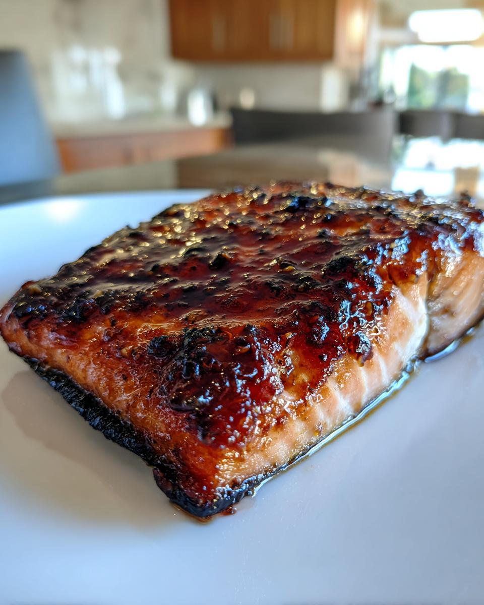 Close-up of a perfectly cooked fillet of hot honey glazed salmon with a dark, caramelized, shiny topping.