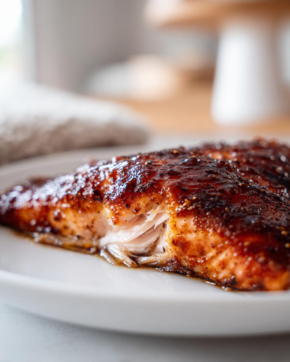Close-up of a perfectly cooked hot honey glazed salmon fillet showing flaky texture on a white plate.