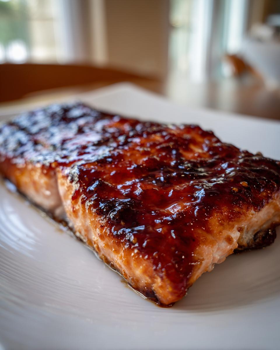 A close-up, appetizing shot of a perfectly cooked salmon fillet covered in a thick, shiny hot honey glazed salmon topping.