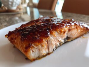 A perfectly cooked fillet of hot honey glazed salmon showing flaky texture and a thick, shiny glaze.