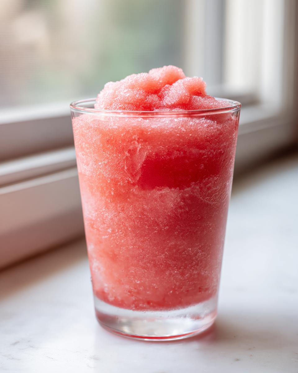 Close-up of a vibrant, icy frozen strawberry frosé served in a clear glass, showing a slushy texture.