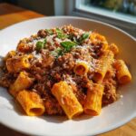 A close-up of a bowl of rich italian sausage rigatoni pasta topped with grated Parmesan cheese and fresh basil leaves.