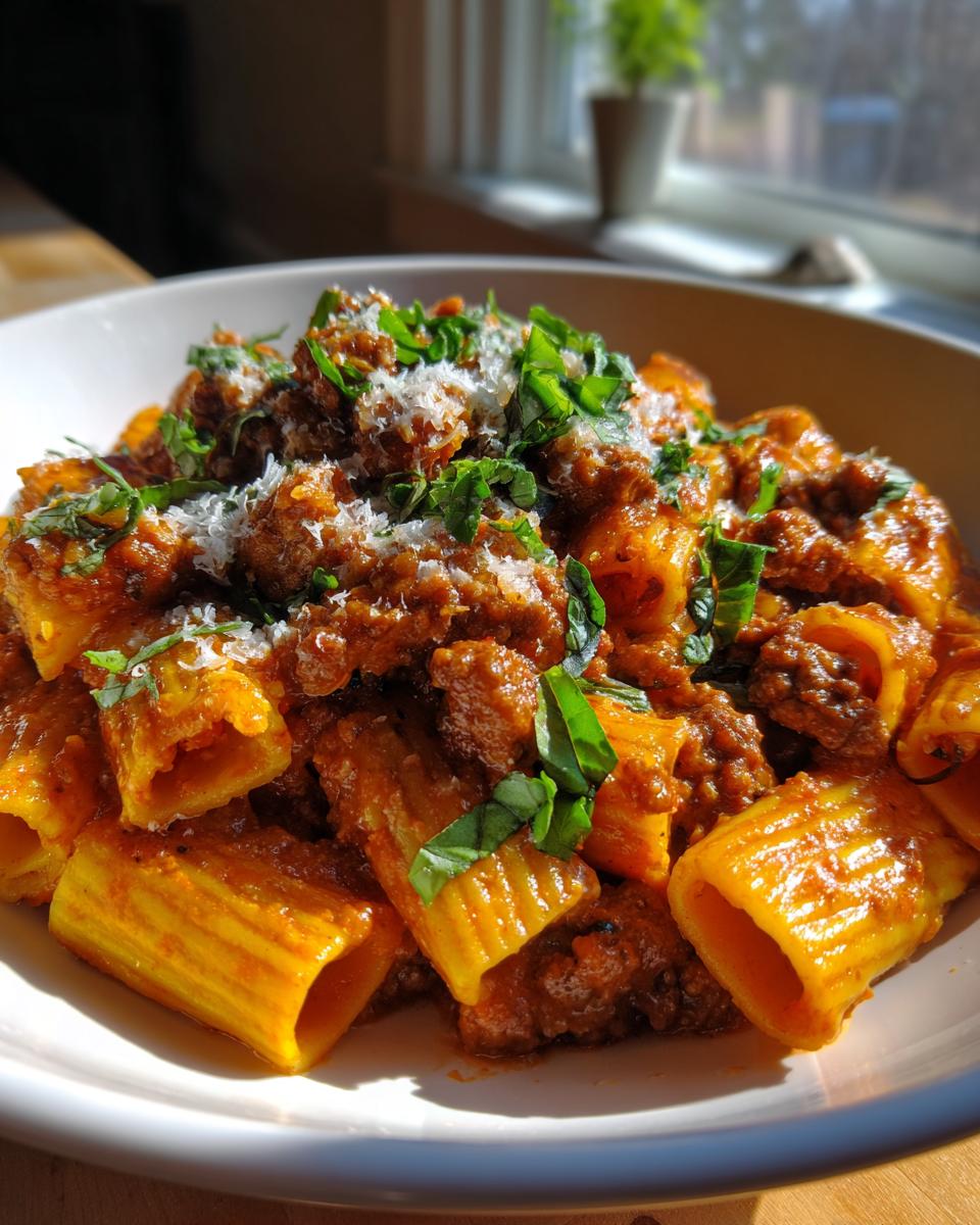 A close-up of a hearty bowl of Italian sausage rigatoni coated in rich tomato sauce, topped with grated cheese and fresh basil.