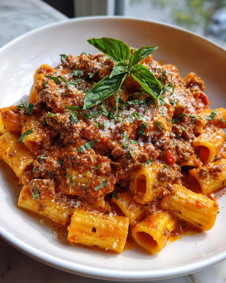 A close-up of a bowl of rich italian sausage rigatoni pasta topped with grated cheese and fresh basil.