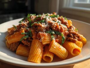 A close-up of a hearty bowl of amazing italian sausage rigatoni pasta topped with sauce, cheese, and fresh basil.