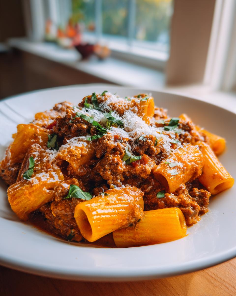 Close-up of a hearty bowl of italian sausage rigatoni coated in a rich meat sauce and topped with grated Parmesan.