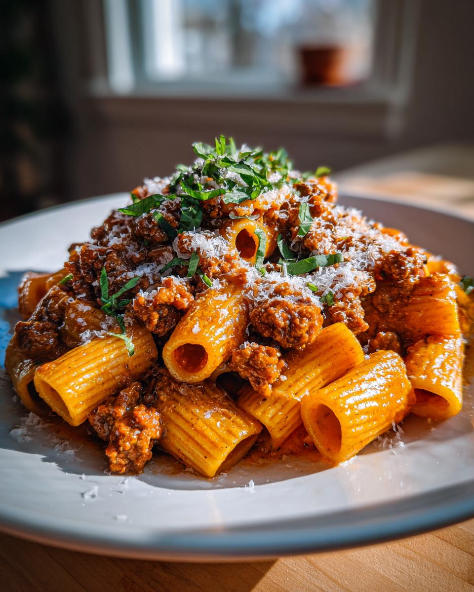 A close-up of a hearty serving of italian sausage rigatoni pasta topped with grated parmesan cheese and fresh basil.