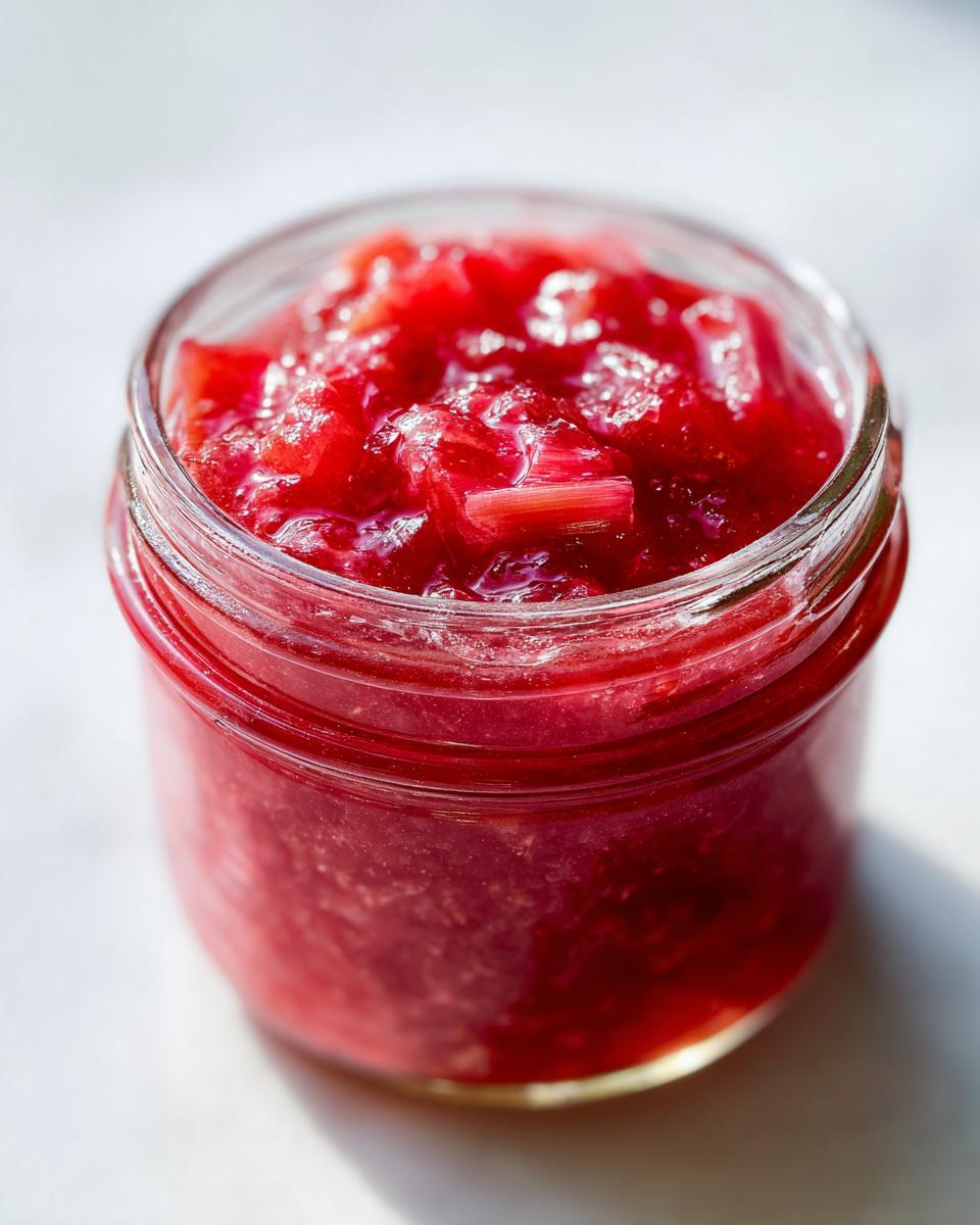 Close-up of a glass jar filled with vibrant, chunky rhubarb cinnamon jam, showing pieces of rhubarb.