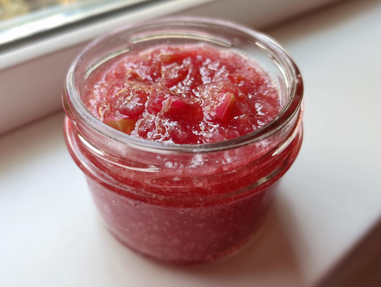 Close-up of a glass jar filled with bright red, chunky rhubarb cinnamon jam sitting on a white surface.