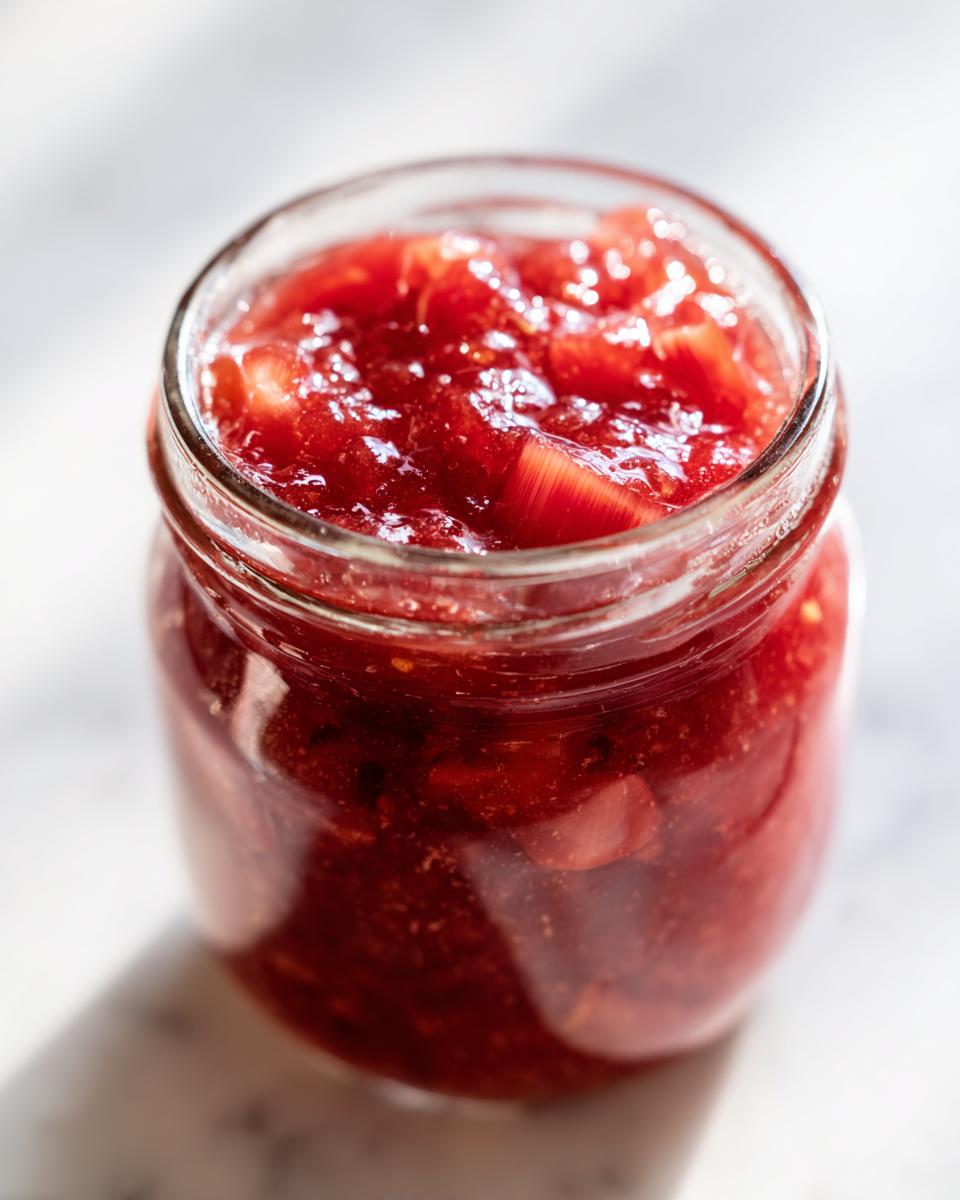 Close-up of a glass jar filled with chunky, bright red rhubarb cinnamon jam, illuminated by natural light.