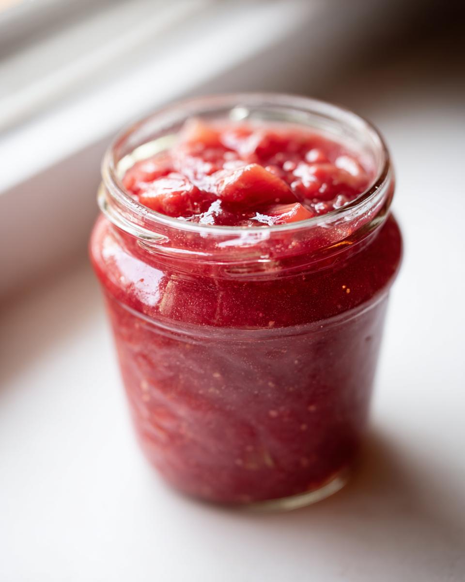Close-up of a glass jar filled with bright red rhubarb cinnamon jam, set against a bright white background.