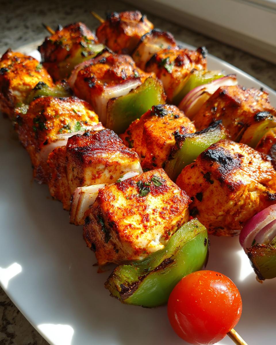 Close-up of grilled, marinated chicken kebabs threaded with green peppers and red onions, ready to serve.