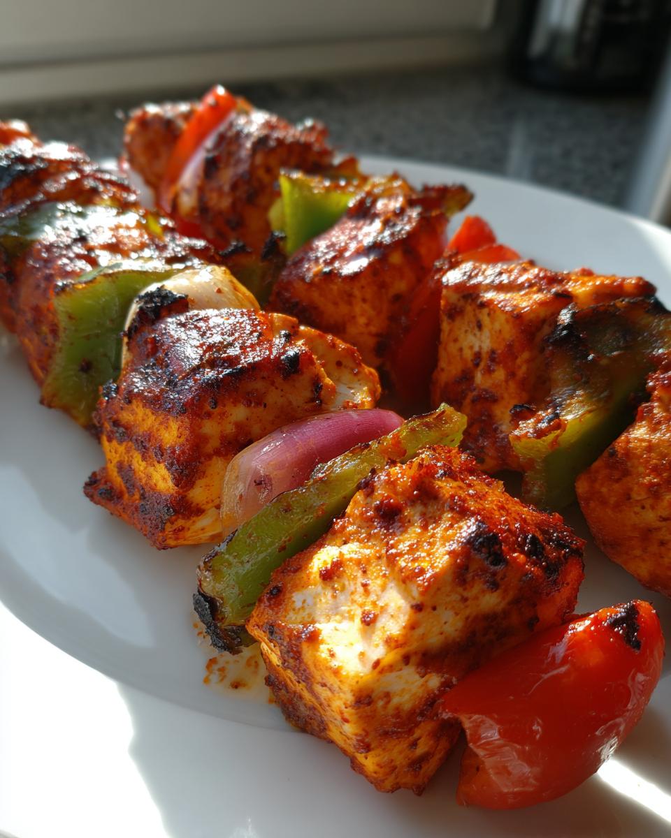 Close-up of beautifully charred, marinated cubes (likely chicken or paneer) alternating with colorful peppers and onions on skewers, resembling chicken kebabs.