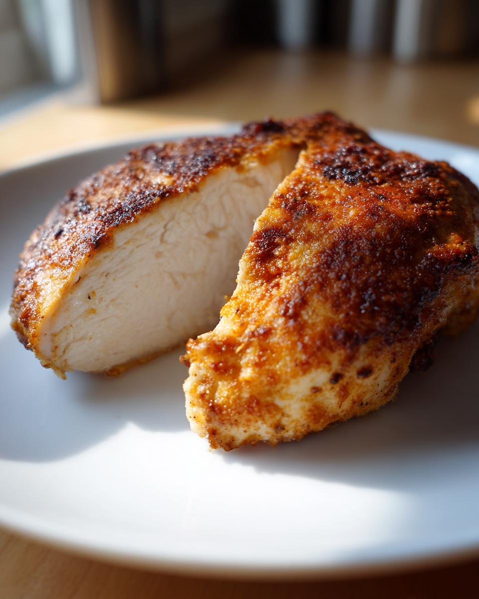 Cross-section view of a perfectly cooked pan seared chicken breast showing juicy white meat and a golden-brown seasoned crust.