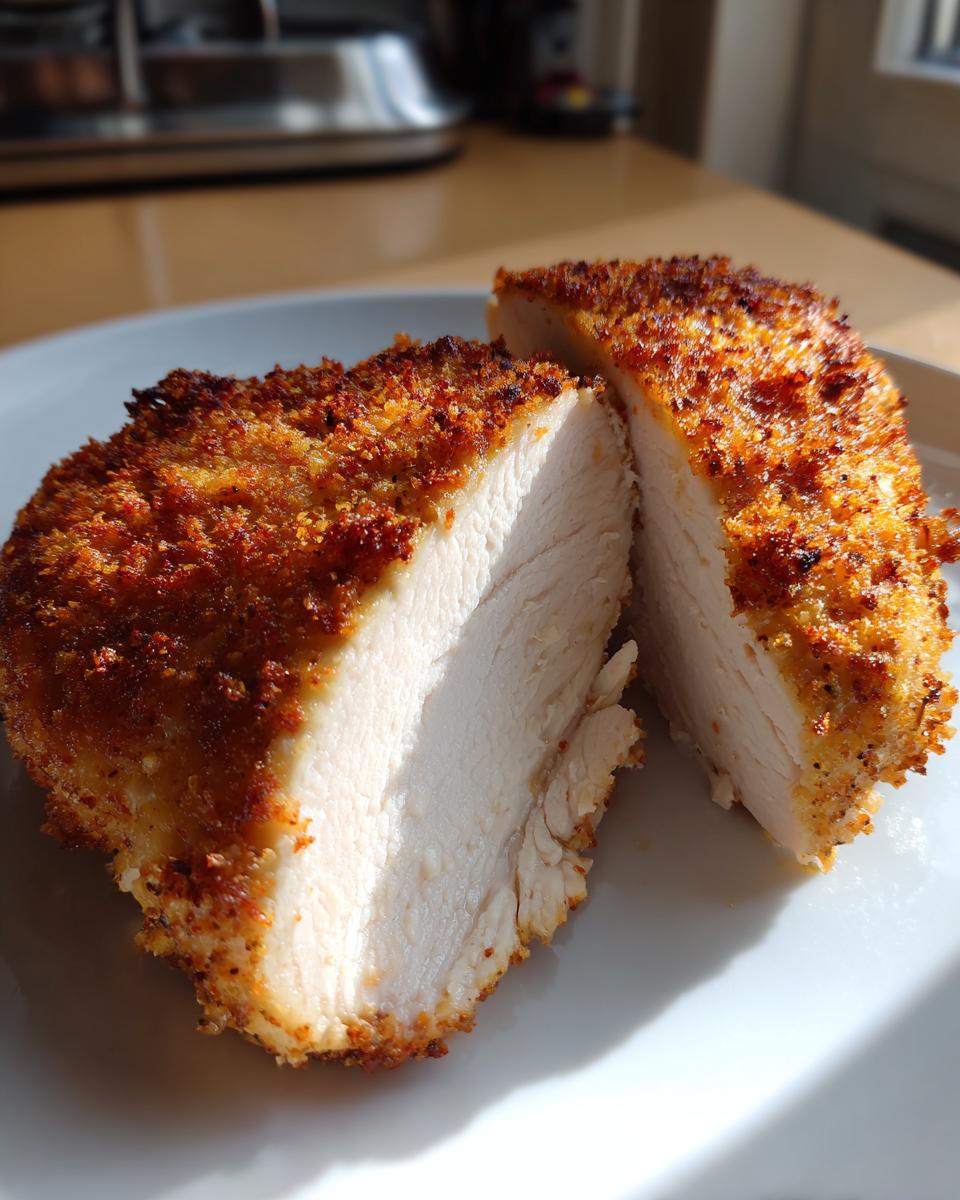 Close-up of a perfectly cooked pan seared chicken breast, cut in half showing juicy white meat and a crispy golden-brown crust.