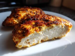 Close-up of a perfectly cooked pan seared chicken breast, showing a juicy white interior and golden-brown crust.